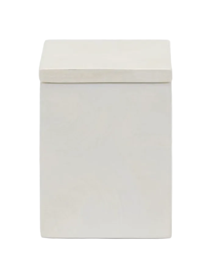Off-white rectangular canister from the Navagio Bath Collection, featuring a matching lid in spiraled burl resin.