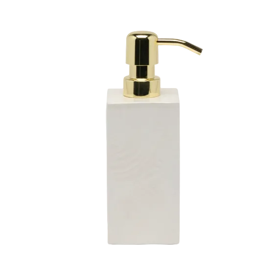 Rectangular Navagio Bath Collection soap dispenser in white spiraled burl resin with a gold-tone pump.