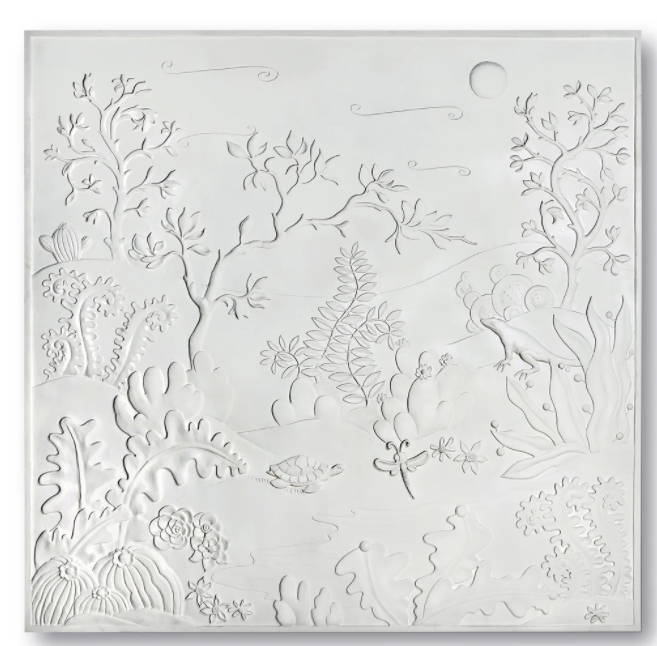 The Outdoor Carved Tropical Garden Panel II by Bunny Williams is an embossed white exterior plaster mural featuring plants, trees, and a turtle in a sunlit landscape with clouds and subtle Art Deco style.