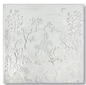 The Outdoor Carved Tropical Garden Panel II by Bunny Williams is an embossed white exterior plaster mural featuring plants, trees, and a turtle in a sunlit landscape with clouds and subtle Art Deco style.