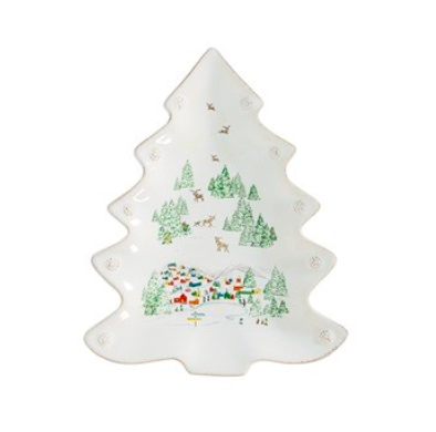 Christmas tree-shaped serving dish from the Juliska Berry & Thread North Pole Serveware Collection, featuring a festive winter village and reindeer scene.