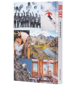 Assouline’s "Big Sky" features a cover collage with people holding balloons, a skier at Big Sky Resort, a woman with a horse, mountain scenery, a goat, a lake view, and the interior of a cozy cabin.