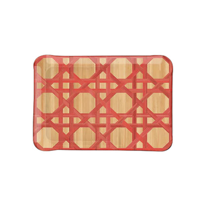 The Epoch Versailles Decor Collection tray by HestiaLiving features a red geometric lattice on light wood, ideal for al fresco dining or festive entertaining.