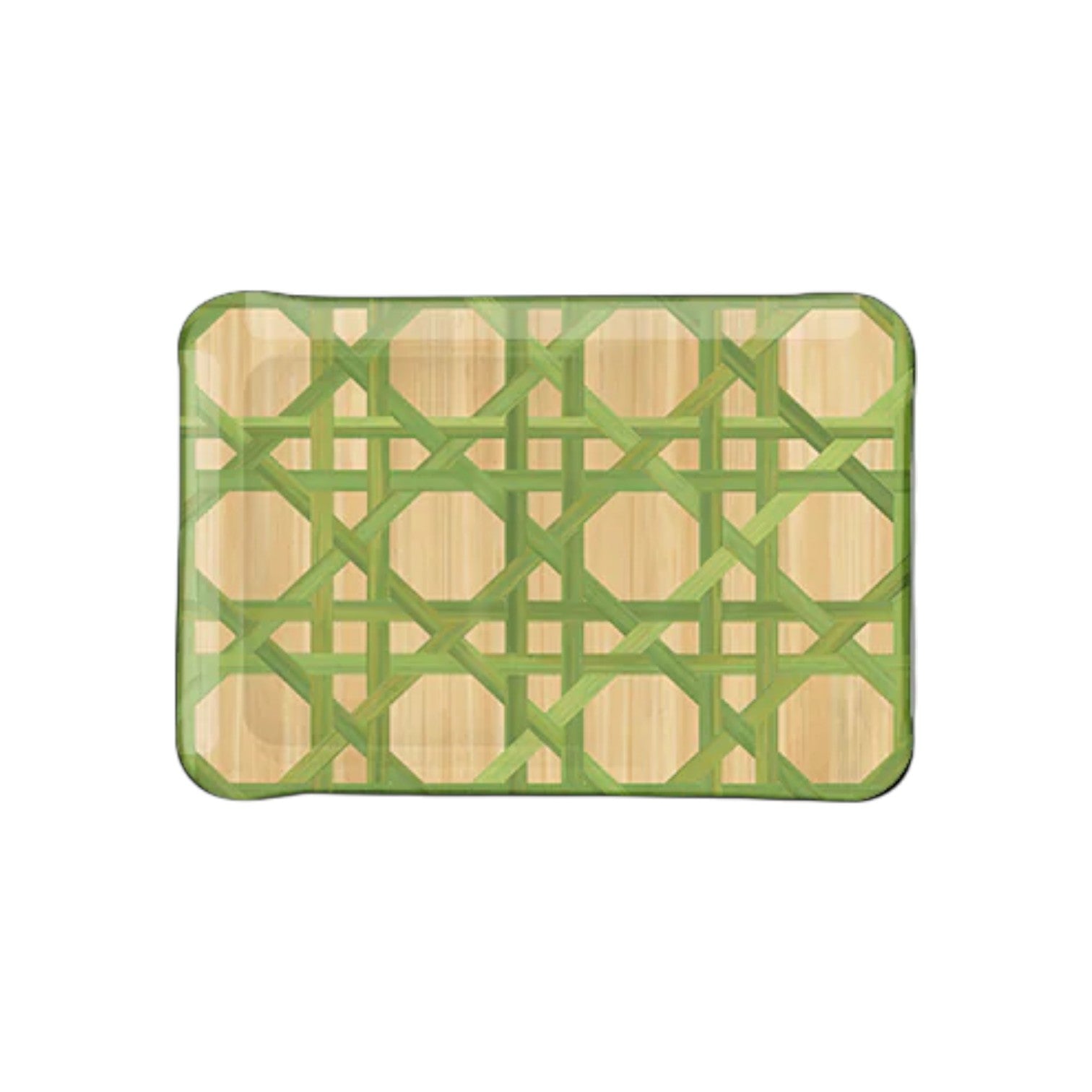 The Epoch Versailles Collection bamboo tray by HestiaLiving features a green geometric lattice pattern and rounded corners—ideal for holiday entertaining or stylish al fresco dining. Photographed on a white background.
