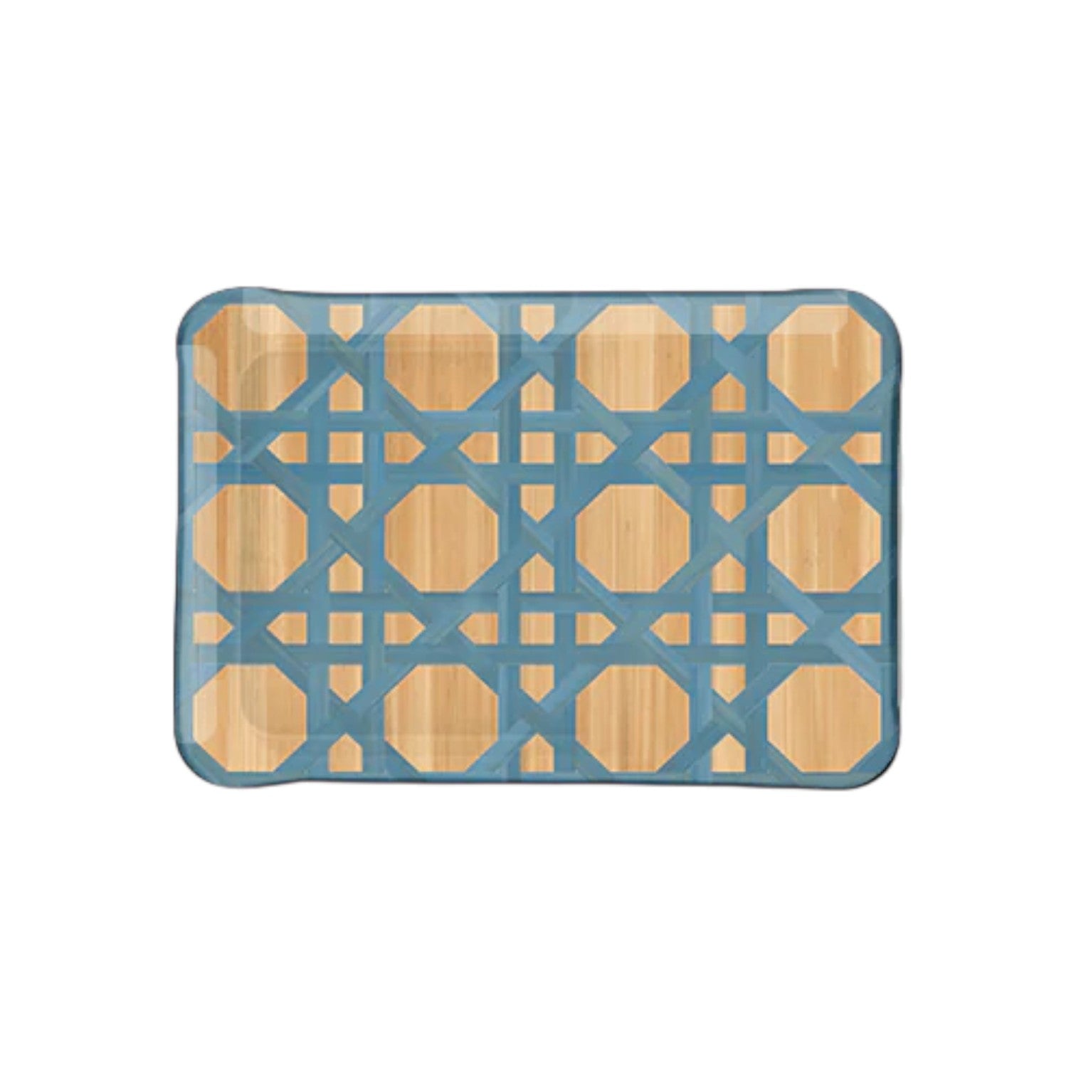 The HestiaLiving Epoch Versailles Collection rectangular bamboo tray features rounded corners and a blue geometric grid pattern—ideal for al fresco dining or effortless holiday entertaining.