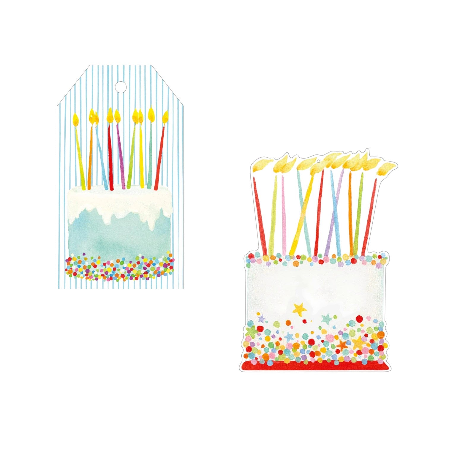 The Caspari Birthday Cake Collection features illustrations of two cakes with white icing, colorful sprinkles, and lit candles—one on a striped tag, the other on a plain background—ideal for festive table settings and party supplies.