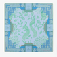 Introducing the Mahjong Mat Collection by Oh My Mahjong—a square game board featuring two green peacocks amid leafy surroundings, complemented by geometric blue border patterns and clearly marked card game areas on each side. Expertly crafted from high-quality neoprene for a non-slip surface, this stylish mat keeps your tiles securely in place throughout every round.