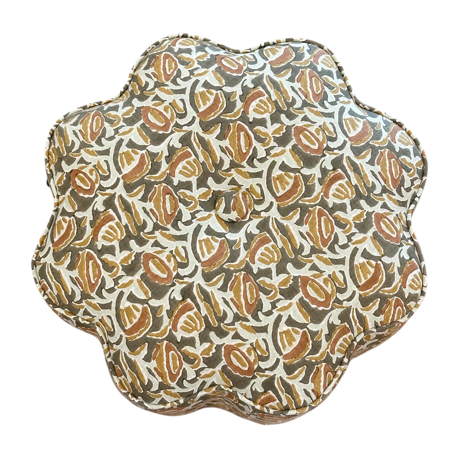 A round, scalloped cushion featuring a brown, beige, and green abstract floral pattern—ideal as a cozy footrest or as an accent for your Bunny Williams Stella Stool.
