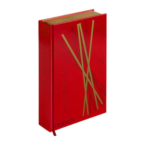 China: The Cookbook" by Phaidon is a red hardcover featuring vertical gold chopsticks and black text—an impressive collection of authentic Chinese recipes perfect for fans of Chinese cuisine.
