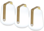 The Bamboo Balad Lamp set of 3 by Fermob features modern white lamps with wooden handles, arranged side by side, highlighting stylish portable lighting ideal for indoor or outdoor use.