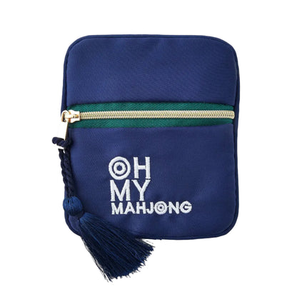 The Oh My Mahjong Coin & Dice Bag is a small navy blue pouch featuring a green-accented zipper, blue tassel, and “OH MY MAHJONG” embroidered in white on the front—ideal for use as a stylish dice bag or accessory pouch.