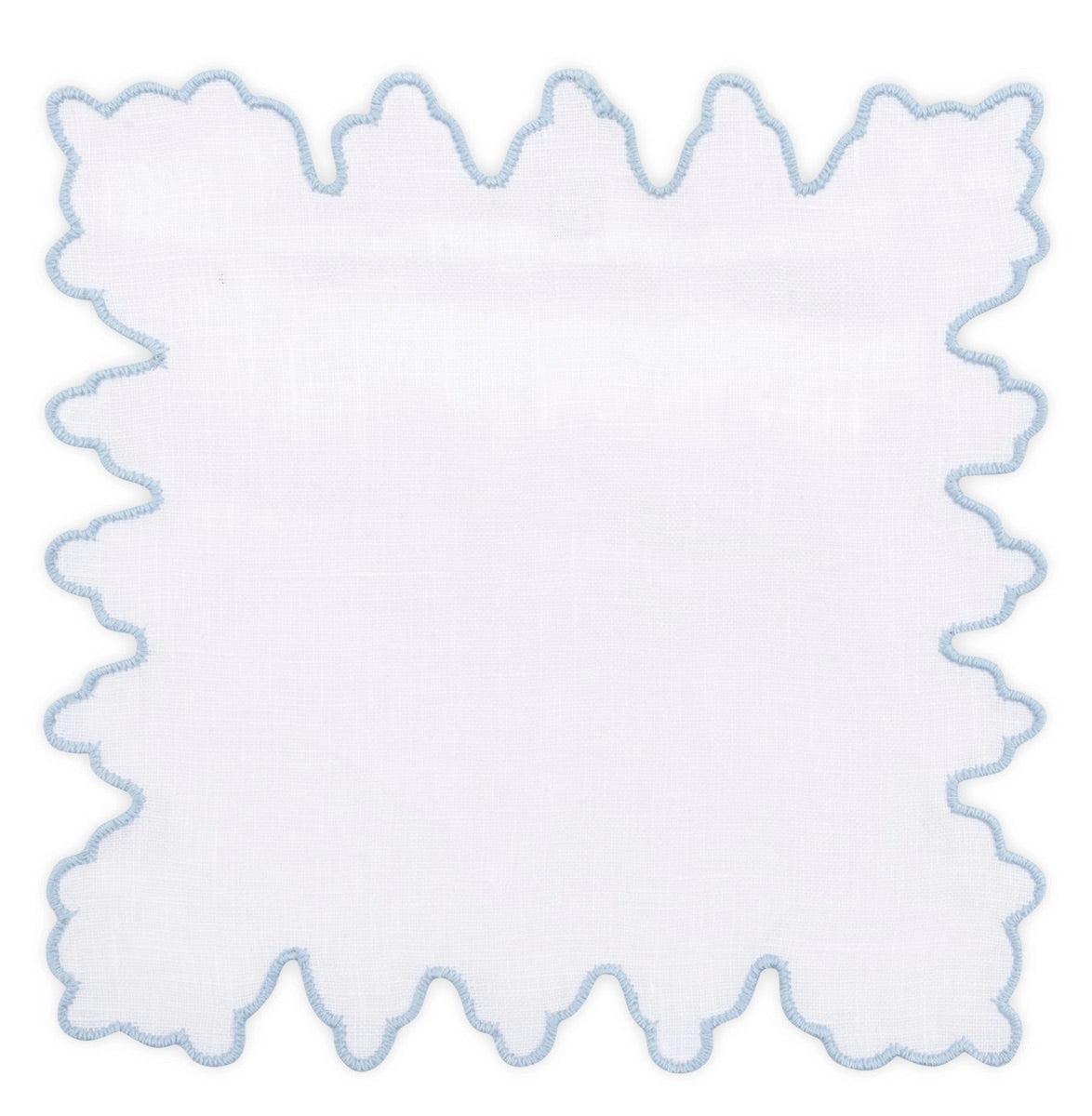 The Sultan Coaster Set by Haute Home features white square linen napkins with irregular, wavy edges trimmed in light blue embroidery—ideal as elegant home décor or sturdy drink coasters. Shown on a white background.