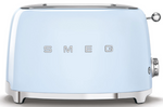 The Smeg 2-Slice Toaster Collection features a light blue retro design with chrome accents, two slots, a right-side lever, and a browning control knob—bringing vintage charm and style to any kitchen.