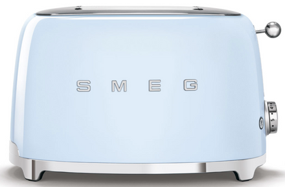 The Smeg 2-Slice Toaster Collection features a light blue retro design with chrome accents, two slots, a right-side lever, and a browning control knob—bringing vintage charm and style to any kitchen.