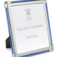 The Light Blue Classic Frame Collection by William Yeoward Crystal features a silver and blue nickel-plated photo frame with an upright stand; classic frames like this may include a Proposition 65 warning.