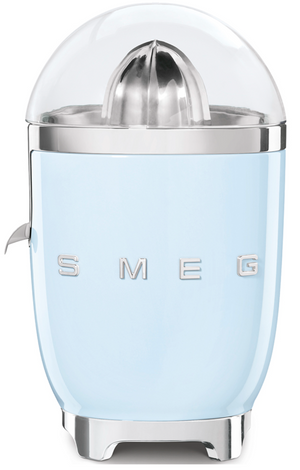 A light blue SMEG Citrus Juicer Collection by Smeg with a stainless steel reamer, anti-drip spout, and clear domed lid.