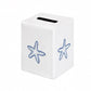 The Haute Home Playful Starfish Bath Collection features a white rectangular box with a coin slot on top and blue starfish designs on the sides, crafted to complement stylish home décor, photographed against a plain white background.