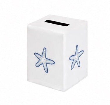 The Haute Home Playful Starfish Bath Collection features a white rectangular box with a coin slot on top and blue starfish designs on the sides, crafted to complement stylish home décor, photographed against a plain white background.
