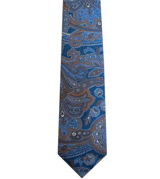 A Robert Jensen Blue and Brown Paisley Tie featuring an intricate paisley pattern with shades of brown and grey, showcasing the artistic expression of traditional artisans.