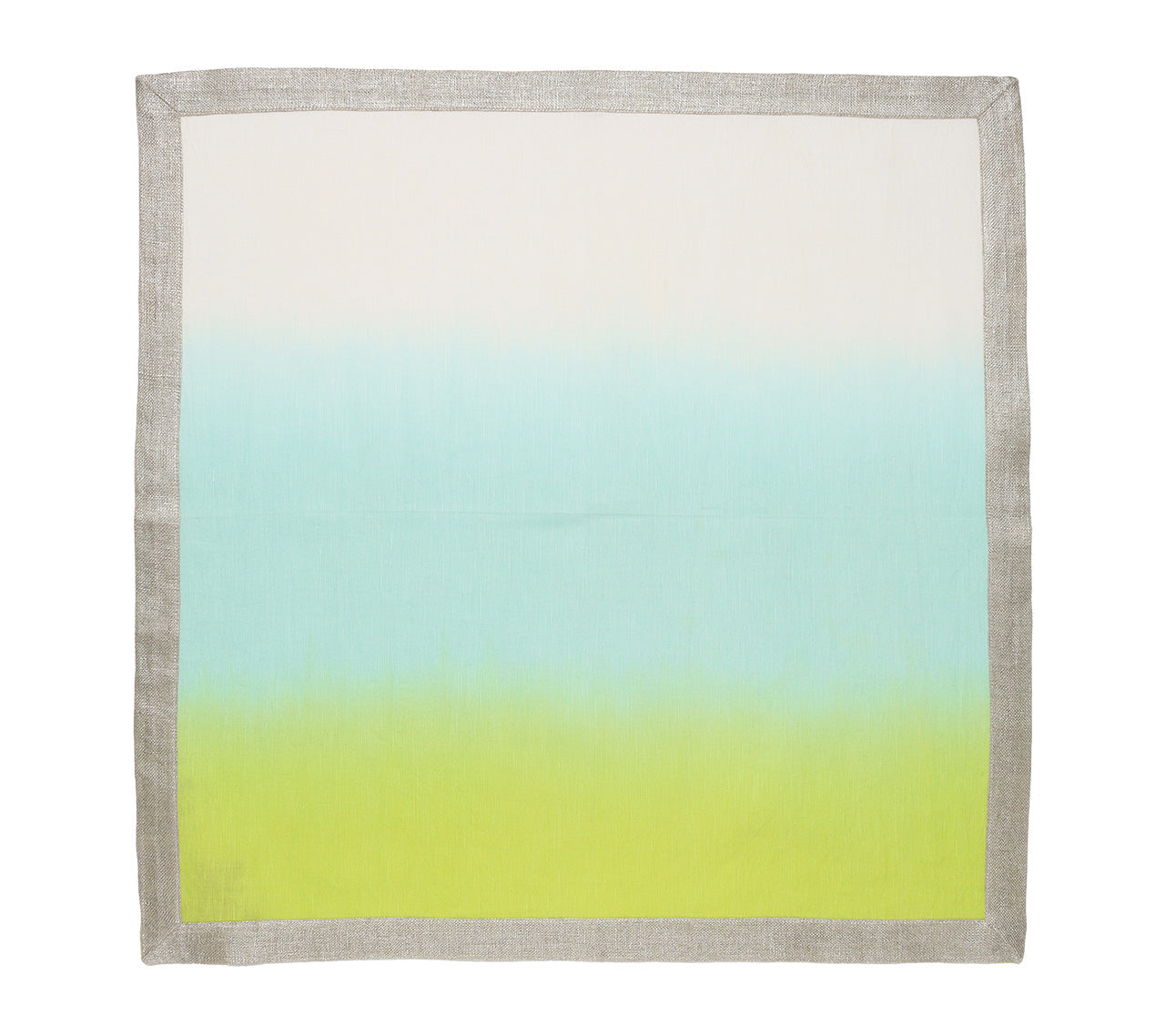 The Kim Seybert Dip Dye Napkin Set features square fabric napkins with a dip-dye gradient design transitioning from green to blue to white, accented by a light gray edge.