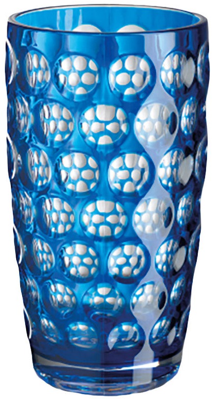 The Lente Acrylic Dinnerware Collection by Mario Luca Giusti features a blue tumbler with raised circular bubbles, perfect for outdoor entertaining.