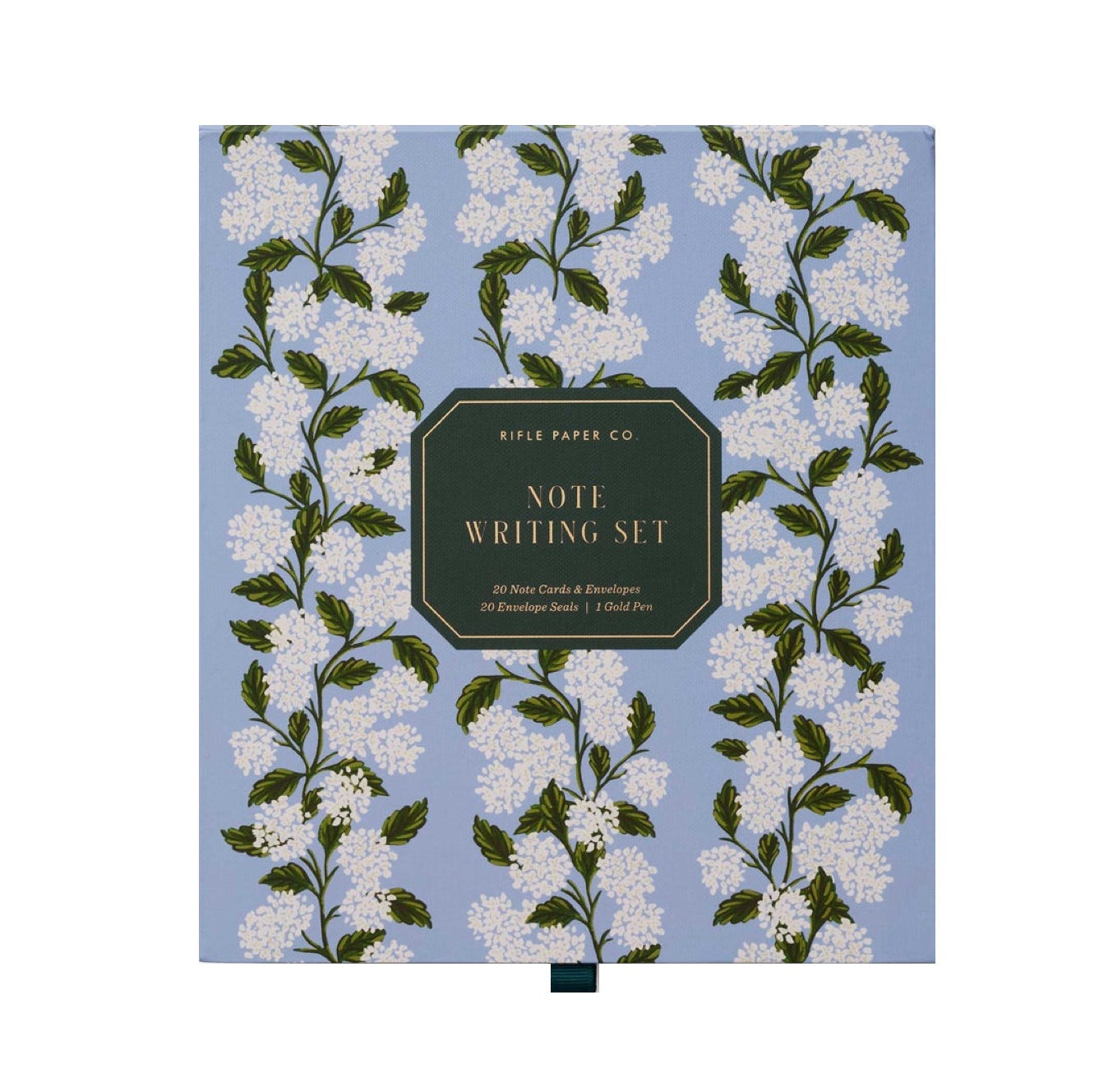 A blue box with white floral designs from the Riffle Paper Co. Blue Hydrangea Desk Accessory Collection contains note cards, envelopes, envelope seals, and a pen—perfect to pair with matching desk accessories.