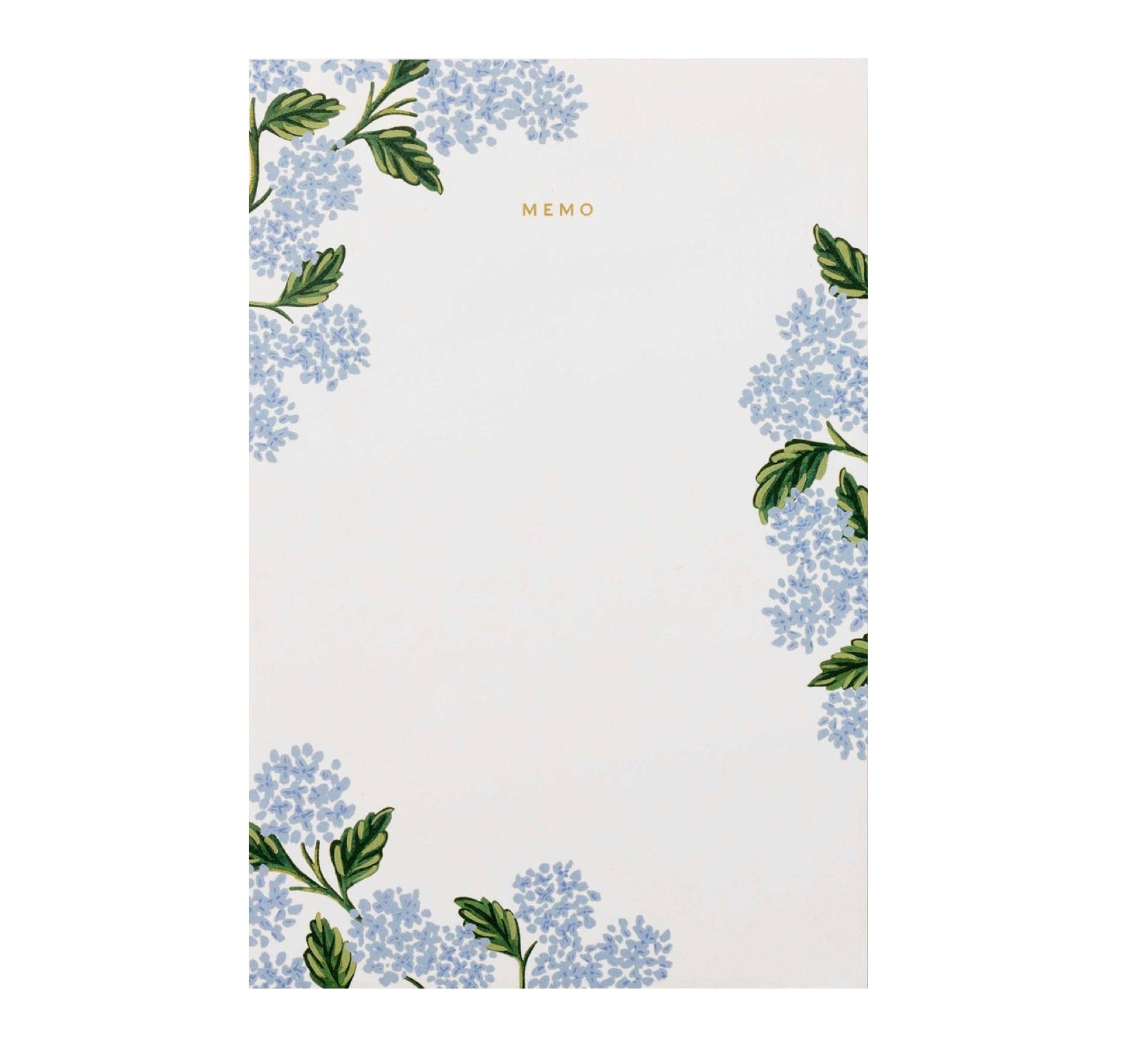 Rectangular notepad from Riffle Paper Co.’s Blue Hydrangea Desk Accessory Collection, featuring "MEMO" in gold at the top and blue hydrangea floral designs with green leaves in the corners—an elegant desk accent.