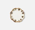 The Amoria Dinnerware Collection by Blue Pheasant features a round ceramic plate with a scalloped edge and brown accents around the rim, offering vintage-inspired elegance against a plain white background.