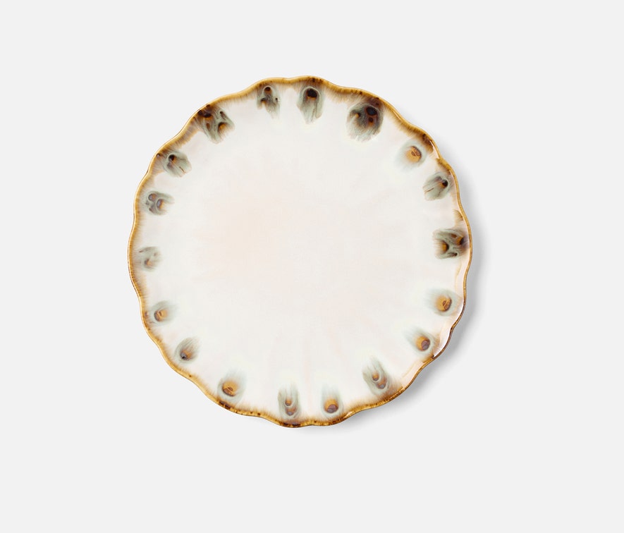 A round ceramic plate from Blue Pheasant’s Amoria Dinnerware Collection features a scalloped edge, white center, and brown-green accents on the rim, bringing vintage-inspired elegance to your table with its reactive glaze.