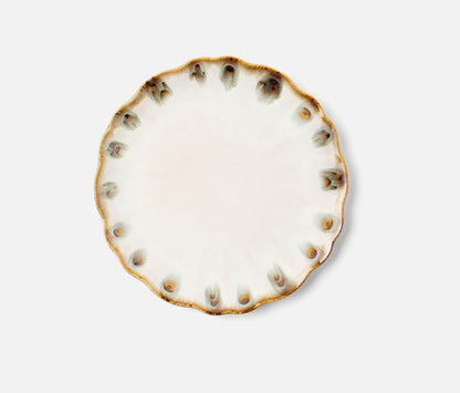 A round ceramic plate from Blue Pheasant’s Amoria Dinnerware Collection features a scalloped edge, white center, and brown-green accents on the rim, bringing vintage-inspired elegance to your table with its reactive glaze.