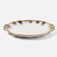 The Amoria Dinnerware Collection by Blue Pheasant features a ceramic plate with a scalloped edge and brown and blue speckled rim, offering vintage-inspired elegance, shown on a plain white background.