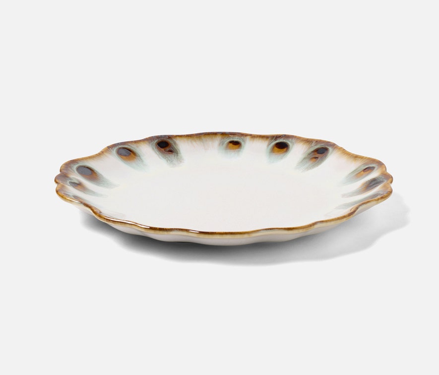 The Amoria Dinnerware Collection by Blue Pheasant features a ceramic plate with a scalloped edge and brown and blue speckled rim, offering vintage-inspired elegance, shown on a plain white background.