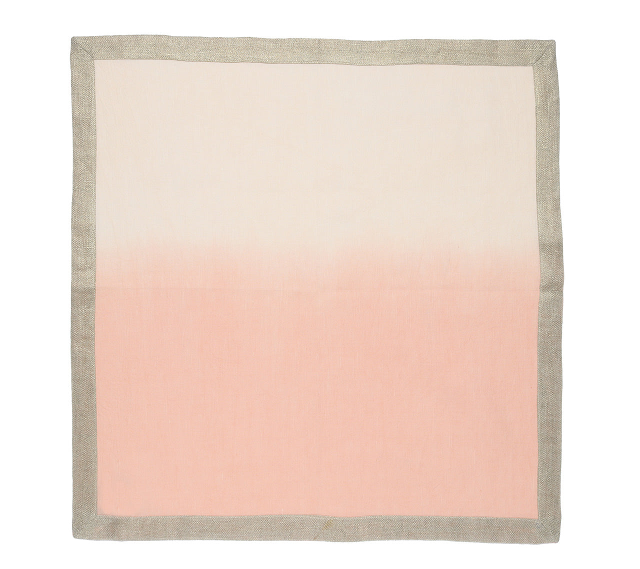 The Kim Seybert Dip Dye Napkin Set by Kim Seybert features a square cloth with an autumnal gradient design, transitioning from light pink at the bottom to beige at the top, bordered by a gray edge.