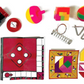 A vibrant array of board game pieces, dice, cards, puzzle shapes, tokens, a spinning top, a spring, and metal puzzles are artfully arranged on a white background—making the Caspari Party Hats Celebration Cracker Set an ideal choice for holiday party favors or festive gatherings.