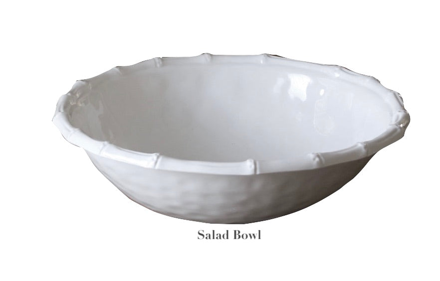 The Beatriz Ball Vida White Bamboo Serveware Collection features a stylish ceramic salad bowl with a scalloped rim—an elegant, versatile piece for any occasion. Shown on a plain background with the label "Salad Bowl" beneath it.