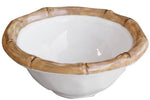 White ceramic bowl with brown, bamboo-like rim from the Beatriz Ball Vida Natural Bamboo Serveware Collection—combines the luxury look of melamine with break-resistant durability.