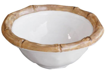 White ceramic bowl with brown, bamboo-like rim from the Beatriz Ball Vida Natural Bamboo Serveware Collection—combines the luxury look of melamine with break-resistant durability.