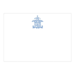 The Caspari Toile Blue Pagoda Card Set features heavyweight white stationery with a delicate blue pagoda illustration centered near the top.