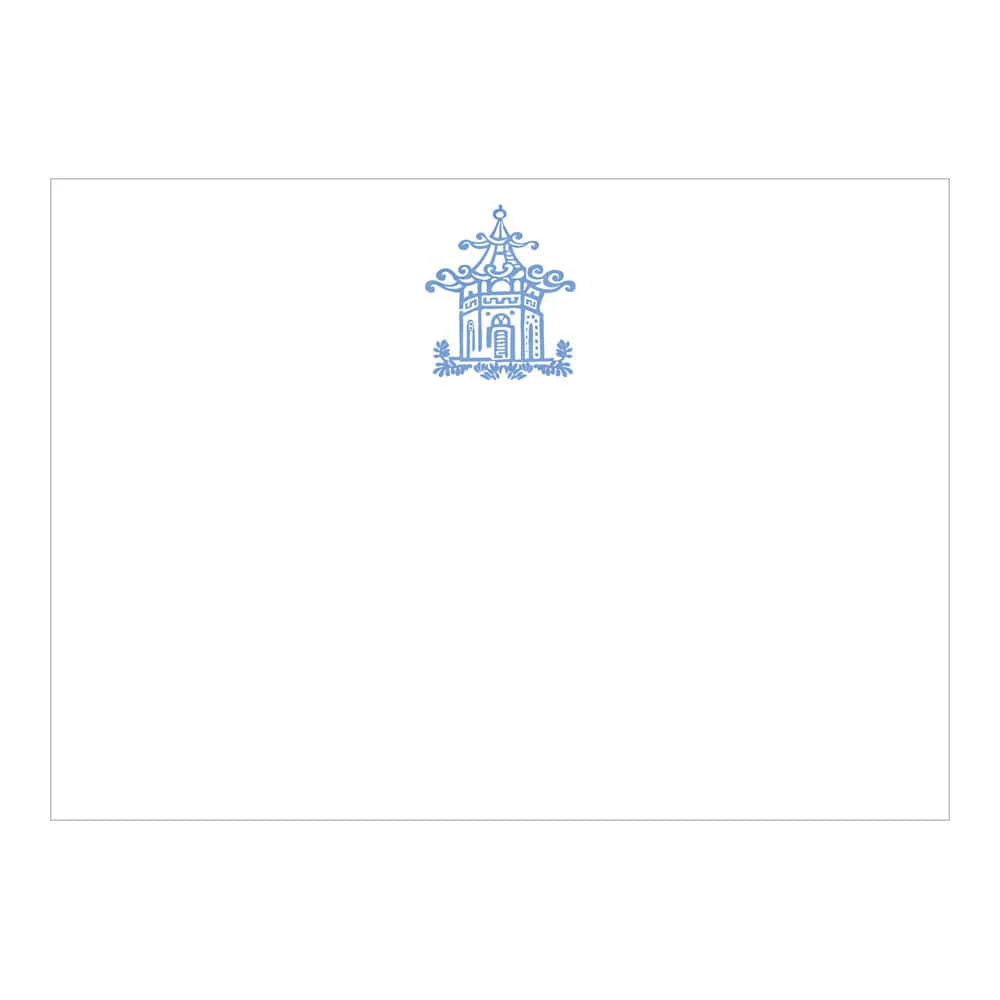 The Caspari Toile Blue Pagoda Card Set features heavyweight white stationery with a delicate blue pagoda illustration centered near the top.