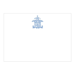 The Caspari Toile Blue Pagoda Card Set features heavyweight white stationery with a delicate blue pagoda illustration centered near the top.
