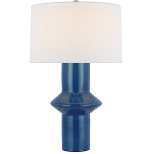 The Visual Comfort Maxime Medium Table Lamp in Aqua Crackle features a glossy aqua crackle base and a white cylindrical linen shade, shown against a plain white background.