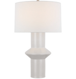 The Maxime Medium Table Lamp in New White by Visual Comfort features a geometric base and a large white linen shade, bringing modern elegance to any room.