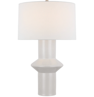 The Maxime Medium Table Lamp in New White by Visual Comfort features a geometric base and a large white linen shade, bringing modern elegance to any room.