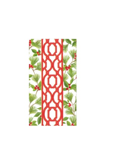 Caspari Knots and Greenery triple-ply napkins feature a vertical pattern of red geometric knotwork flanked by pine branches and red berries on a white background.