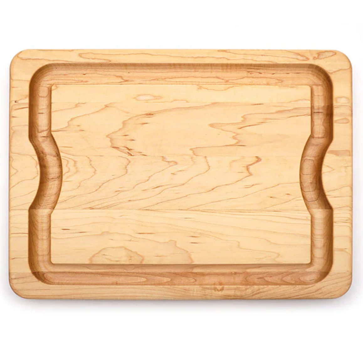The J.K. Adams Maple BBQ Cutting Board features a rectangular shape, recessed groove, and indented sides for grip, shown against a white background.