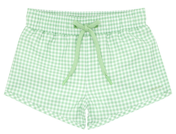 Green and white Minnow Boys' Boardie swim shorts with a drawstring cord waist and UPF 50+ protection, isolated on a white background.