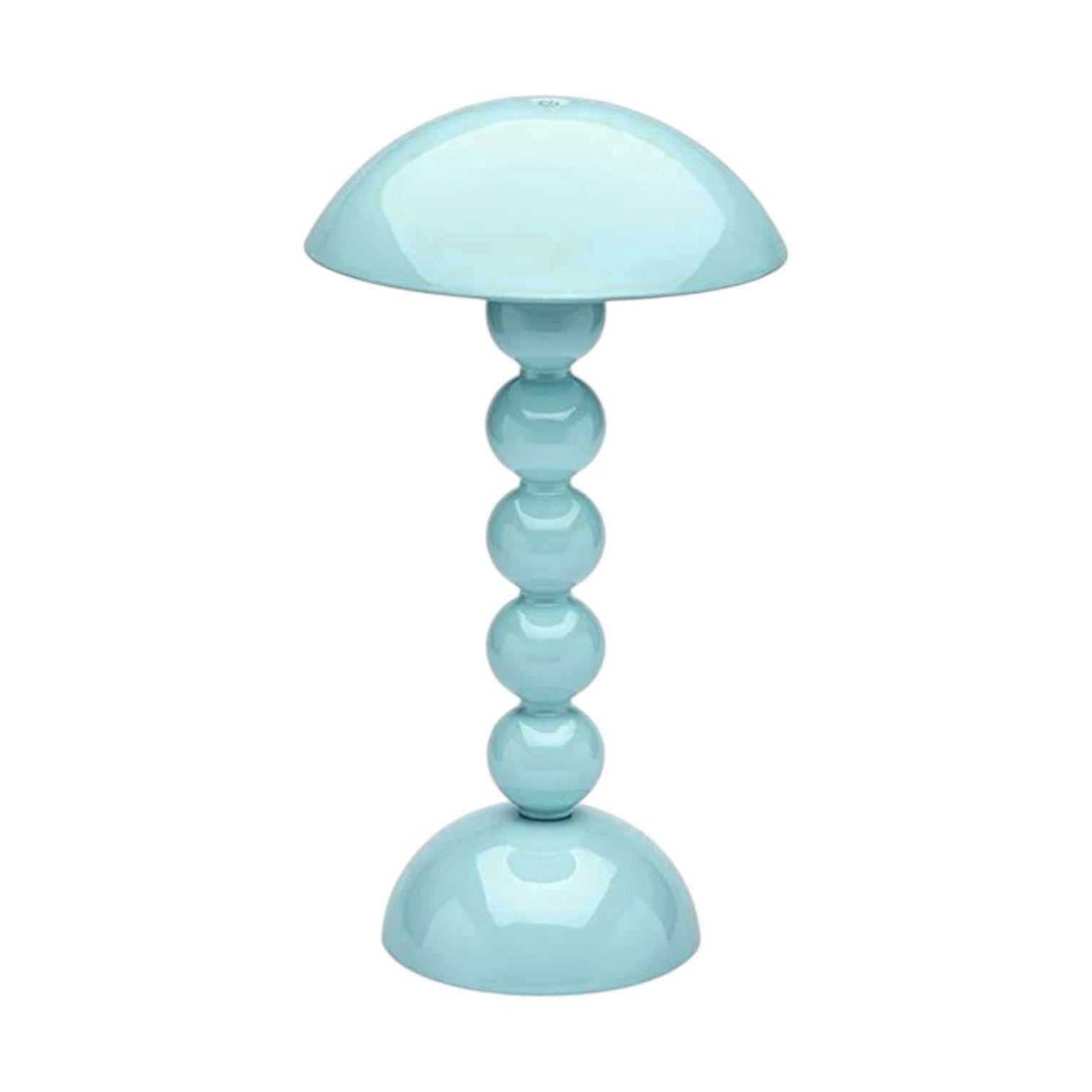 The Addison Ross Bobbin Cordless Lamp Collection features a light blue, bobbin-shaped LED lamp with a dome shade and four stacked spheres, offering adjustable lighting in a portable, stylish design.