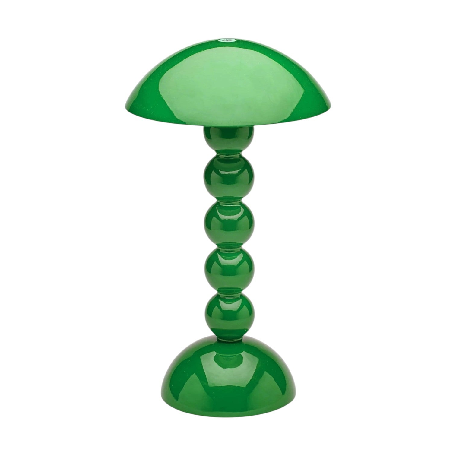 The Addison Ross Bobbin Cordless Lamp Collection features glossy green, bobbin-shaped LED lamps with dome shades and stacked spherical bases, adding a modern touch to any space.