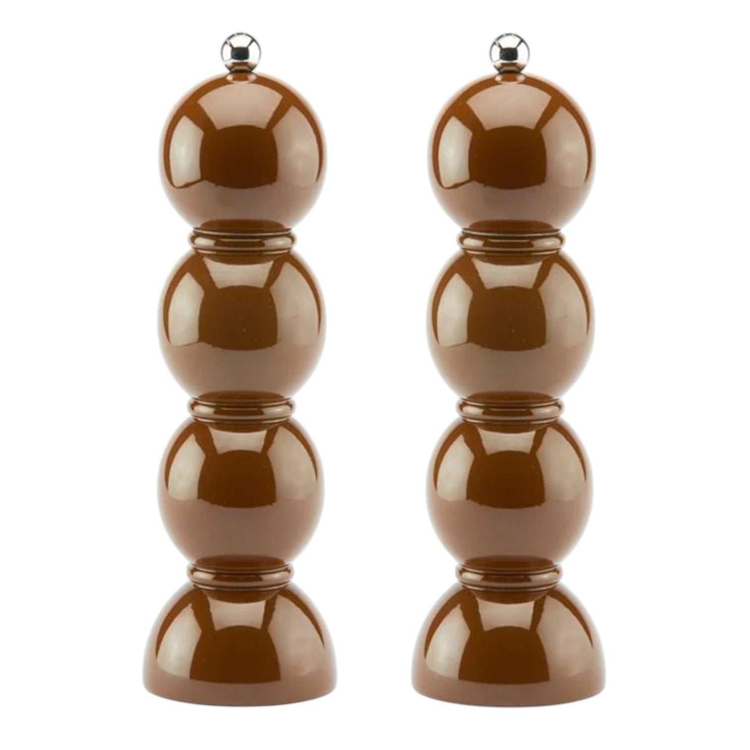 The Hive Bobbin Salt & Pepper Grinder Set includes two identical glossy mills with stacked spherical shapes, metallic knobs, and durable ceramic grinders.