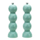 Hive’s Bobbin Salt & Pepper Grinder Set features glossy light blue-green lacquer, a rounded bobbin design, silver knobs, and durable ceramic grinders.